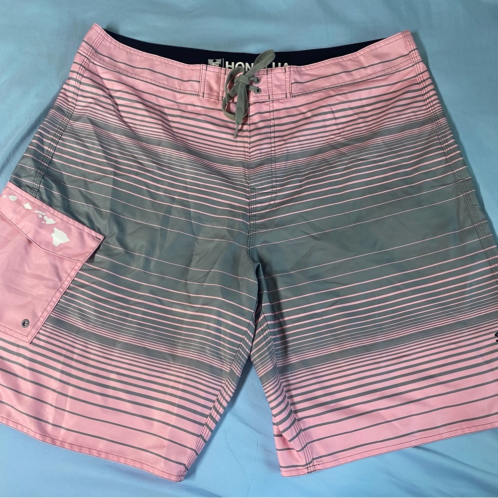 Honolua Men’s Pink & Gray Stripe Swim Trunks
